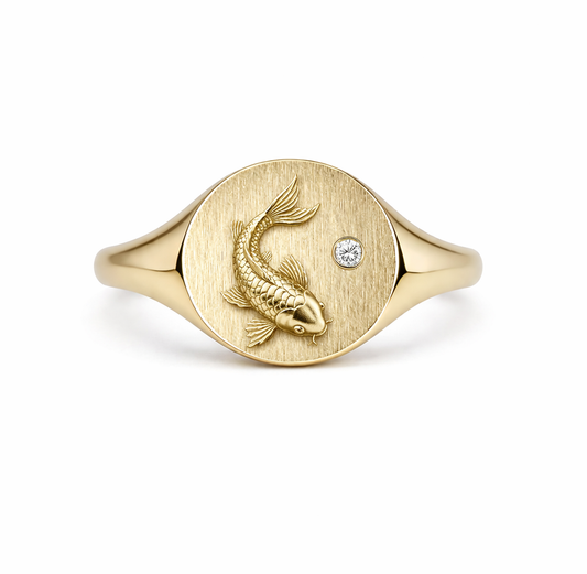 Descending Koi :  Engraved Gold Talisman Ring