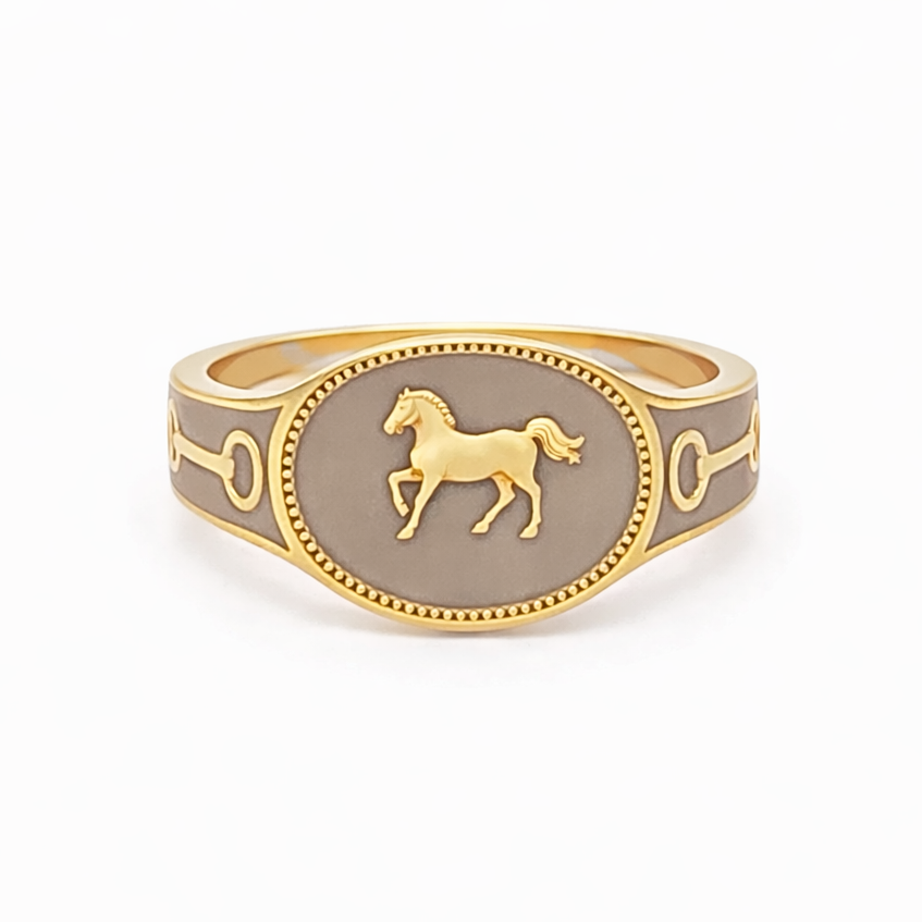 My Heart Horse  : Cartouche Enamel Gold Signet Ring