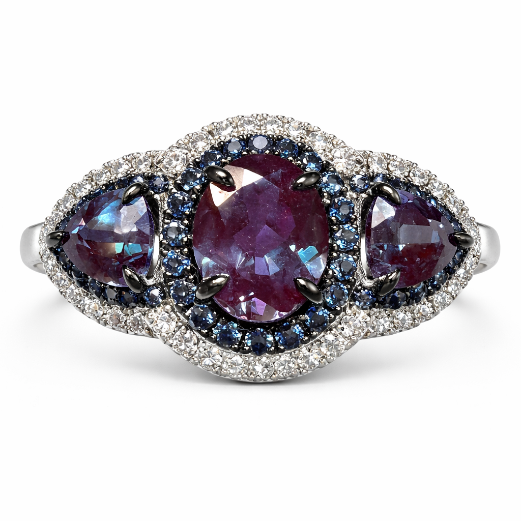 Chimera Alexandrite - 3 Carat Oval Lab Grown Alexandrite Three Stone Ring (No.VIII)