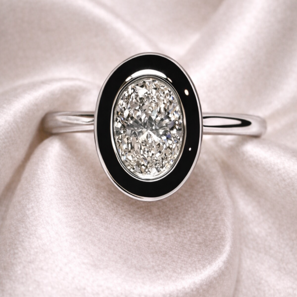Maison Deco Ring : 4 Carat Oval Cut Lab Grown Diamond Black Agate Ring
