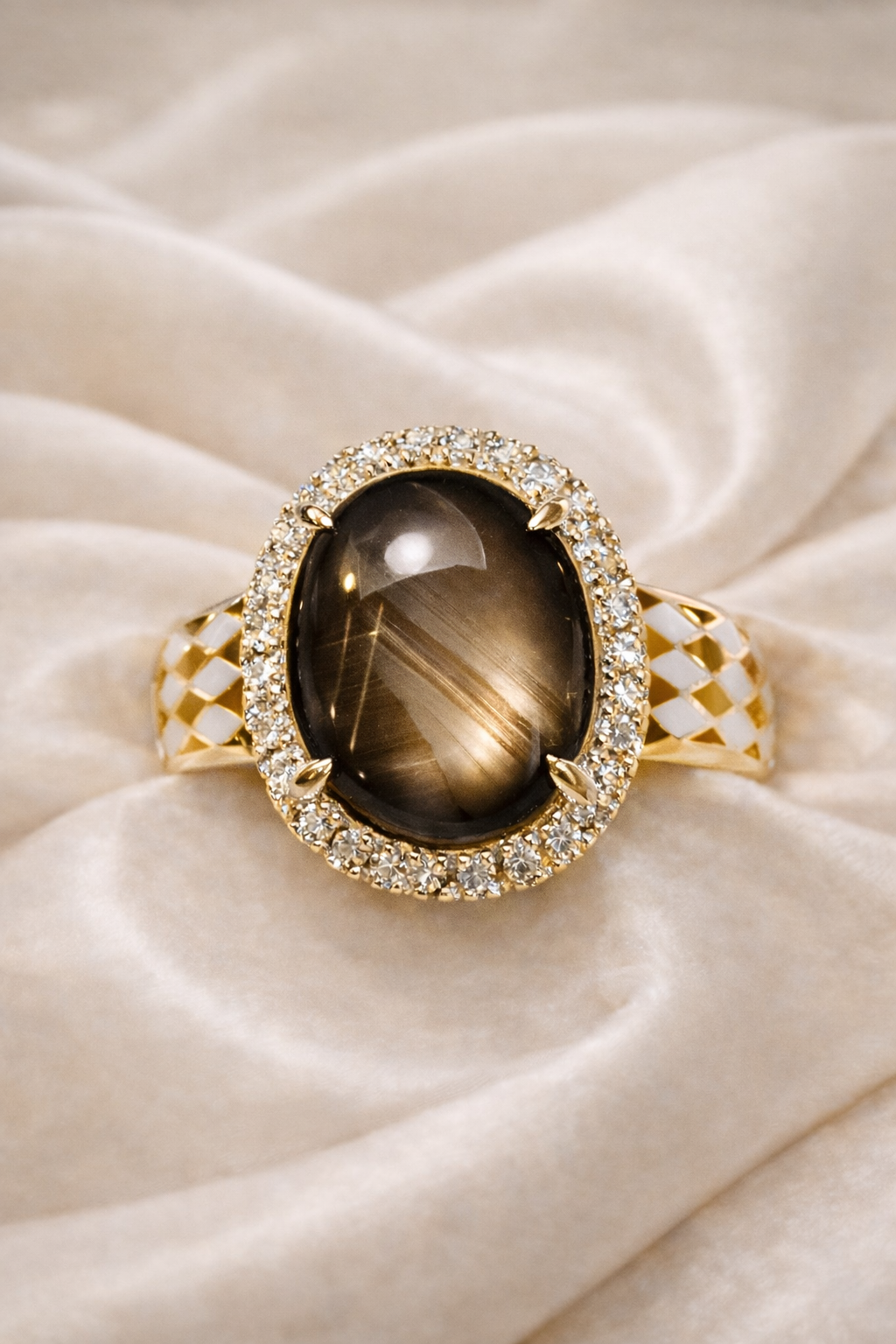The Night Compass Ring : Natural Black Star Sapphire Halo Ring