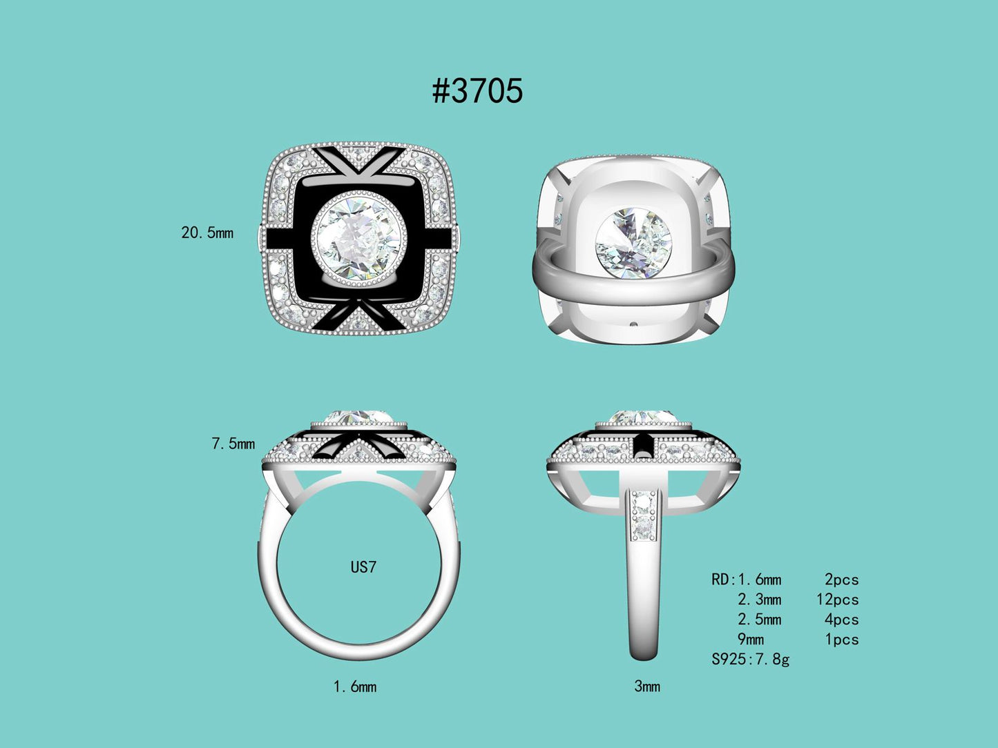 The Noir Halo : 3 Carat Round Lab Grown Diamond Black Agate Halo Ring