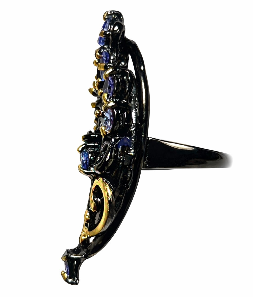 Vesper Reliquary: Tanzanite Nocturne Statement Ring in Blackened Gold