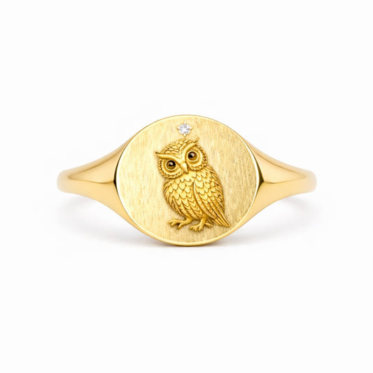 Owl Signet Ring : Engraved Gold Talisman Ring