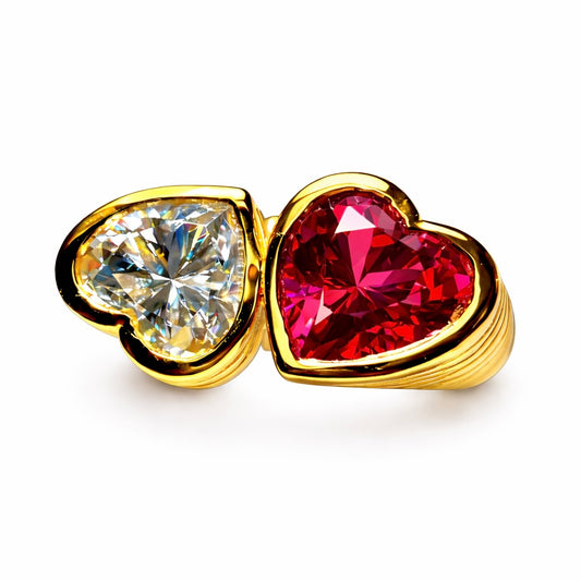 Two Hearts : Lab Grown Diamond and Ruby Toi et Moi Heart Ring in Gold