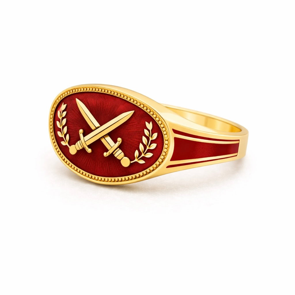 Courage : Crossed Swords Cartouche Enamel Gold Signet Ring