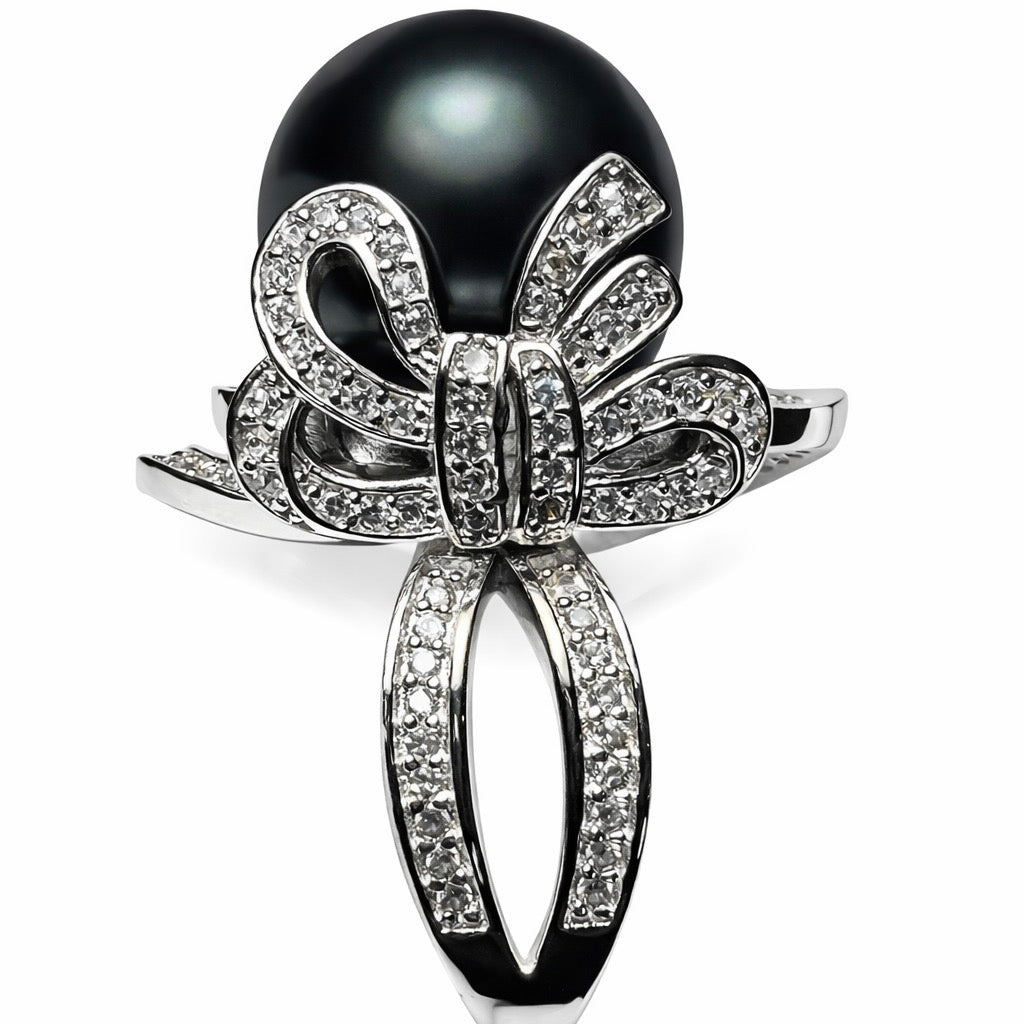 Velours Noir: 15mm Tahitian Black Pearl Bow Ring in Black Gold