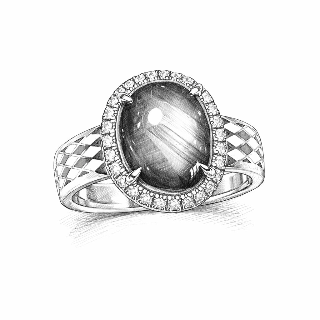 The Night Compass Ring : Natural Black Star Sapphire Halo Ring