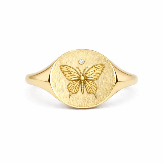 Butterfly Signet Ring : Engraved Gold Talisman Ring