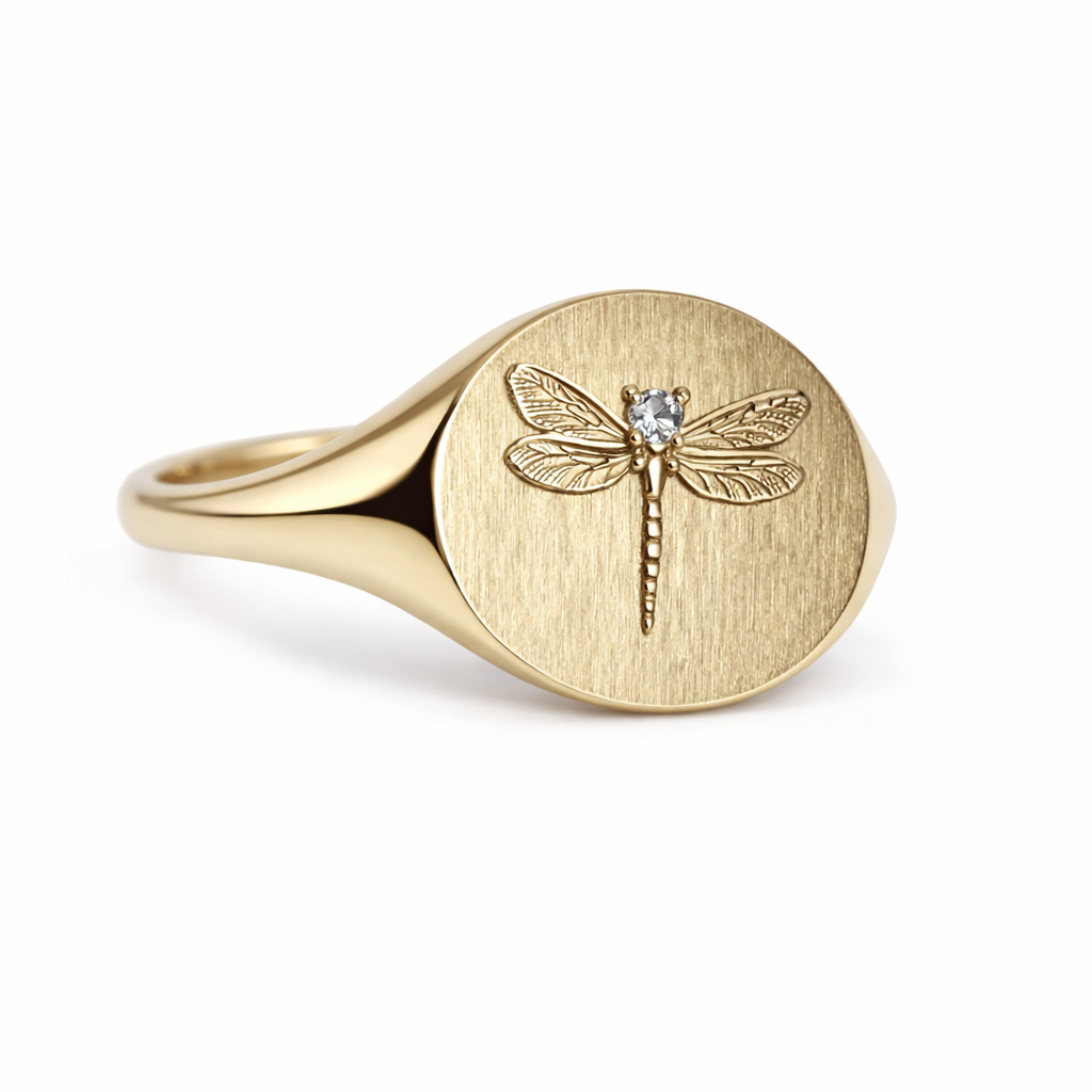 Dragonfly Signet Ring : Engraved Gold Talisman Ring