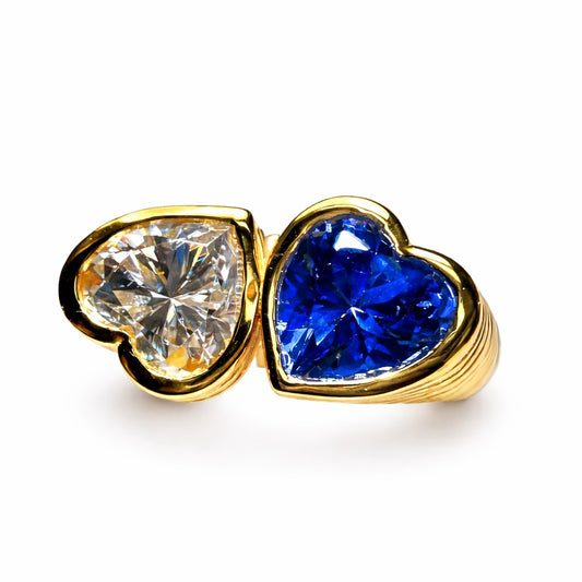 Two Hearts : Lab Grown Diamond and Blue Sapphire Toi et Moi Heart Ring in Gold