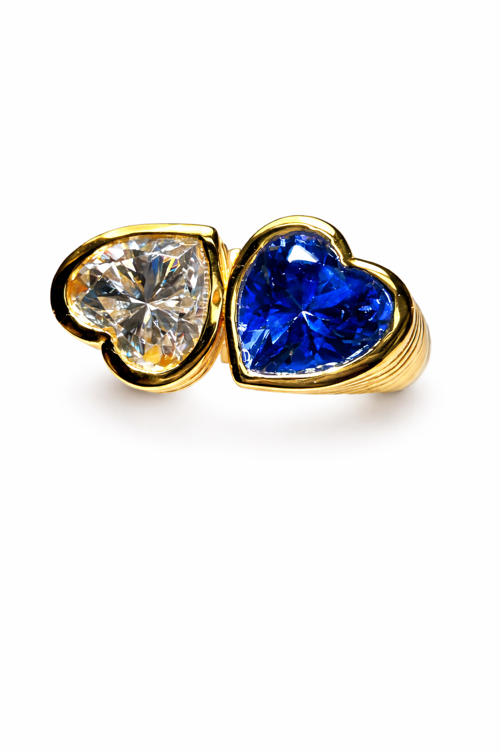 Two Hearts : Lab Grown Diamond and Blue Sapphire Toi et Moi Heart Ring in Gold