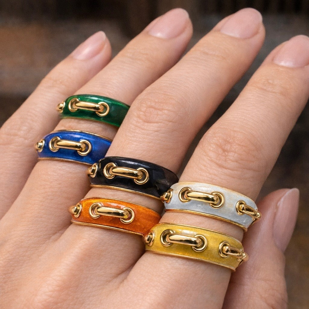 Marias Link Band : Enamel & Solid Gold Link Stacking Ring