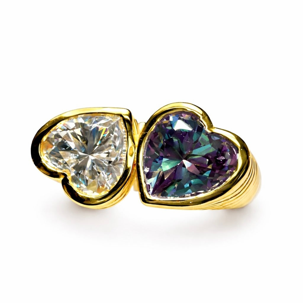 Two Hearts : Lab Grown Diamond and Alexandrite Toi et Moi Heart Ring in Gold