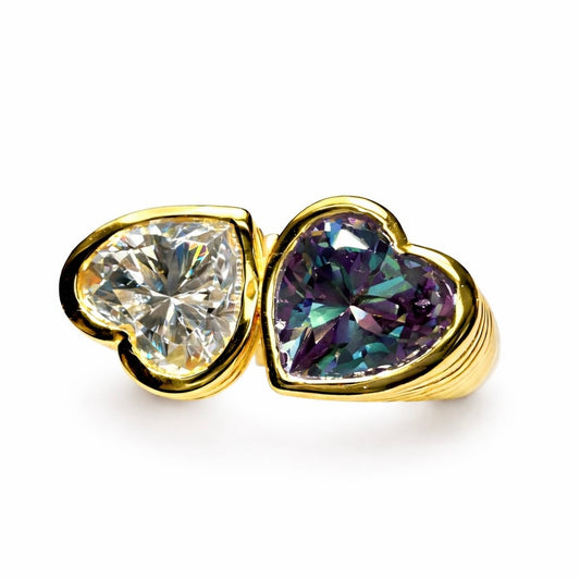 Two Hearts : Lab Grown Diamond and Alexandrite Toi et Moi Heart Ring in Gold