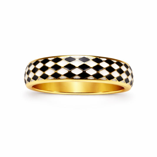 The Harlequin Noir Band : 5mm Black & White Enamel Solid Gold Ring