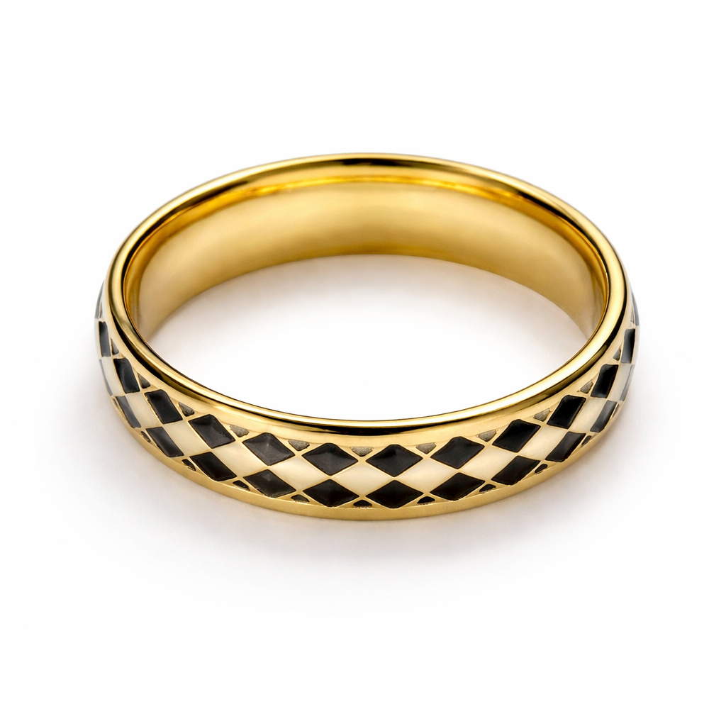 The Harlequin Noir Band : 5mm Black & White Enamel Solid Gold Ring