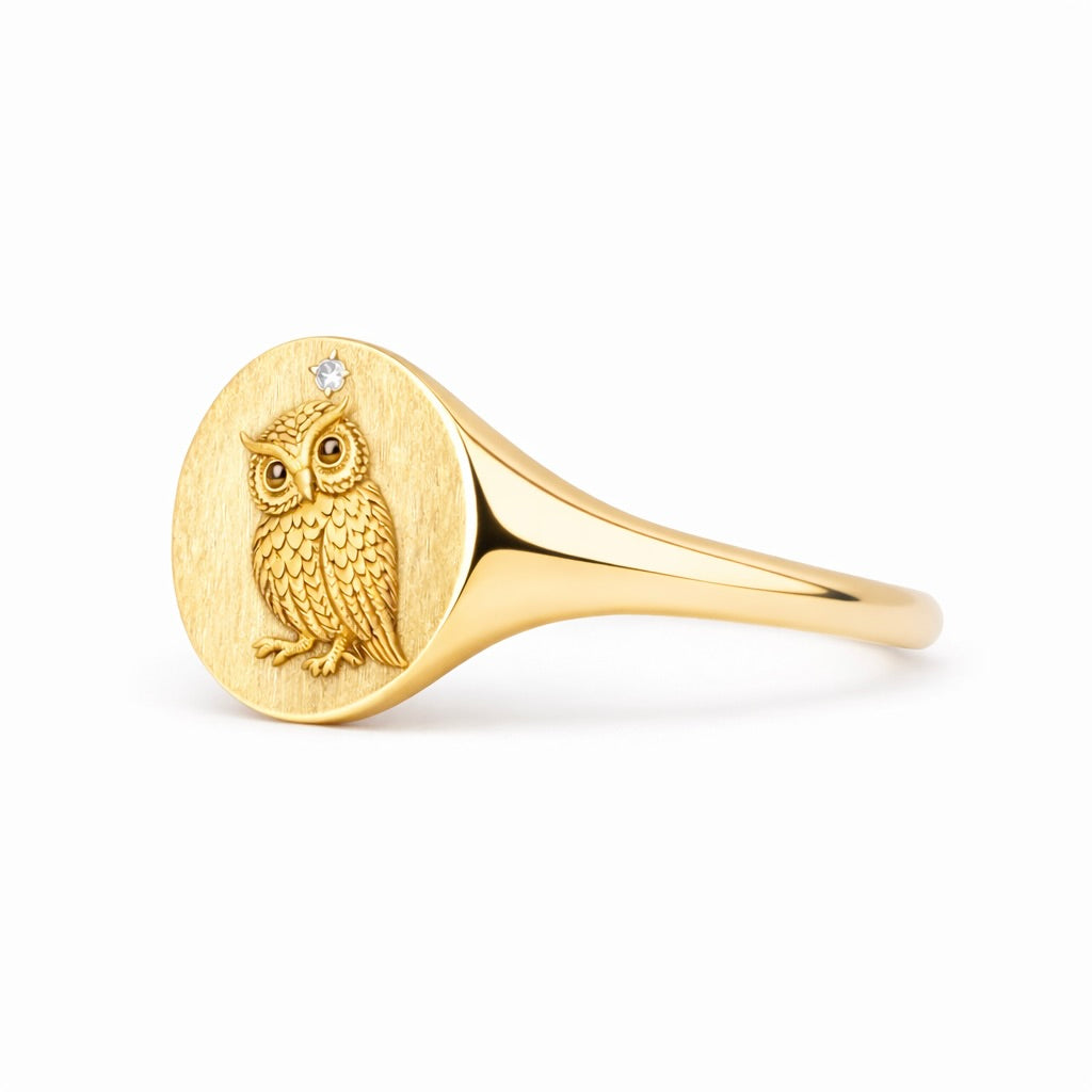 Owl Signet Ring : Engraved Gold Talisman Ring
