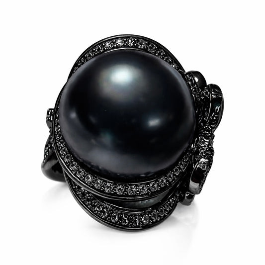 Velours Noir: 15mm Tahitian Black Pearl Bow Ring in Black Gold