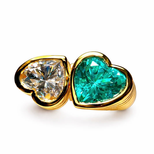 Two Hearts : Lab Grown Diamond and Green Pariaba Toi et Moi Heart Ring in Gold