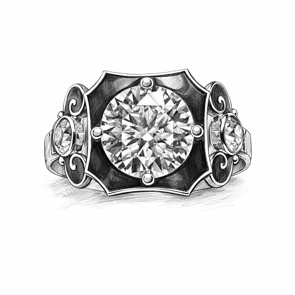 Versailles Noir : 3 Carat Round lab Grown Diamond & Black Agate Ring