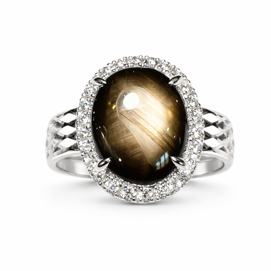 The Night Compass Ring : Natural Black Star Sapphire Halo Ring