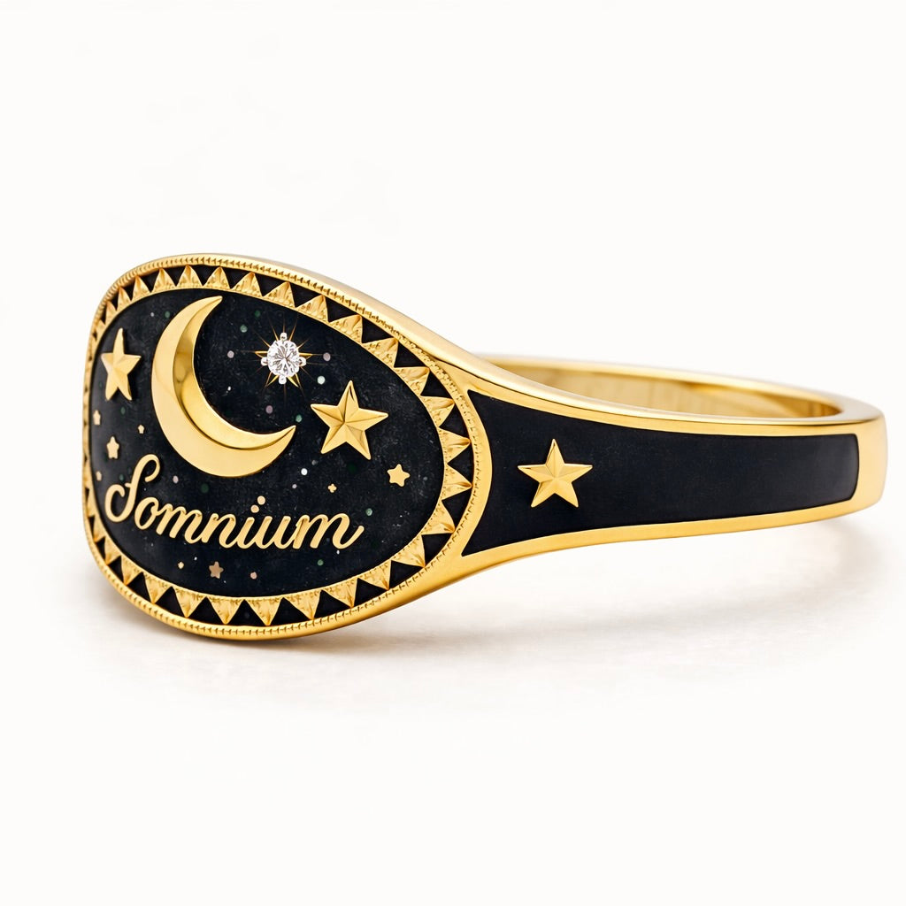 Dreams : Celestial Star Cartouche Enamel Gold Signet Ring