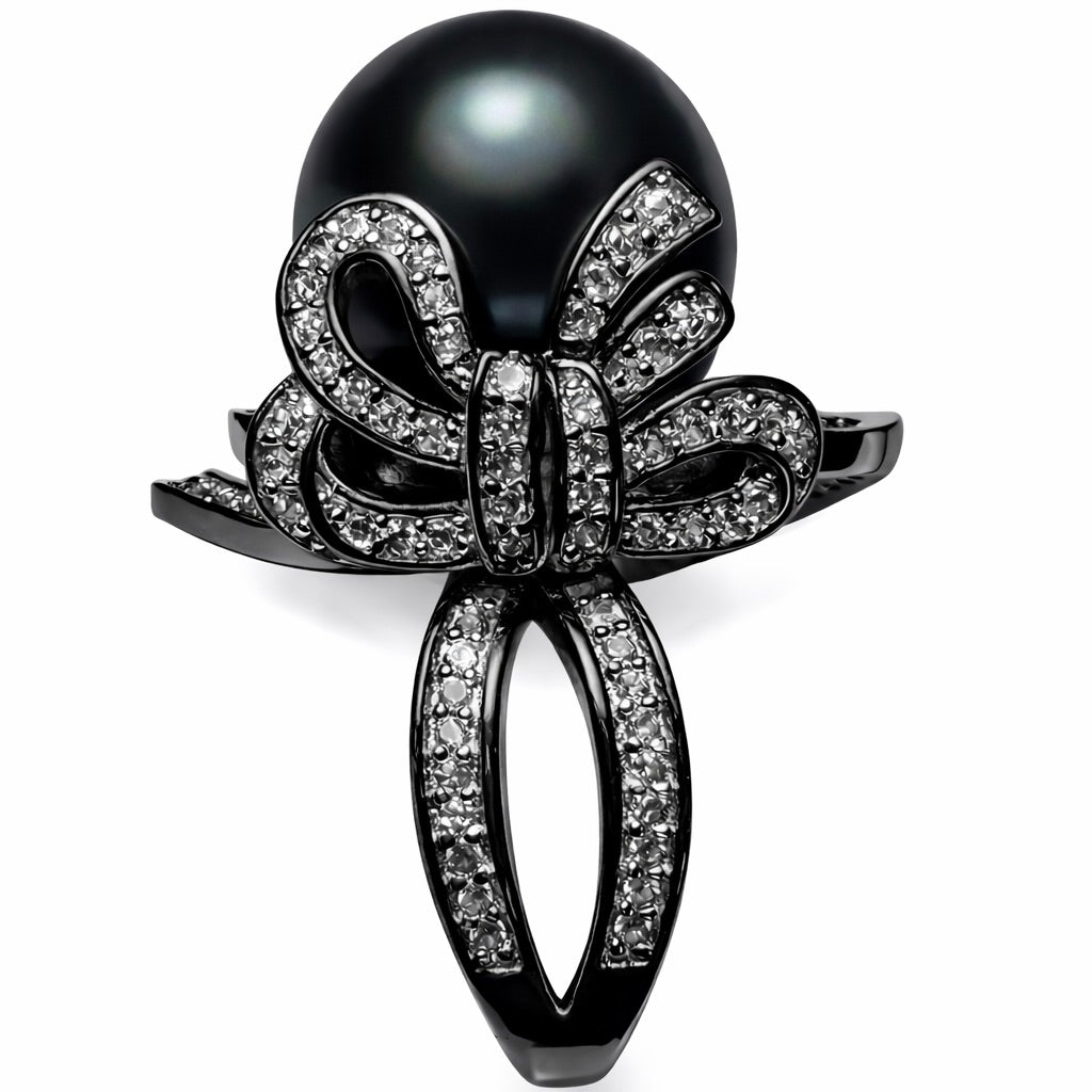 Velours Noir: 15mm Tahitian Black Pearl Bow Ring in Black Gold