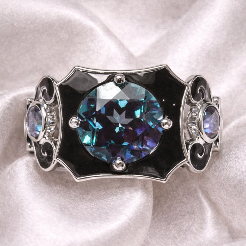 London Nocturne : Color Change Alexandrite and Black Agate Ring