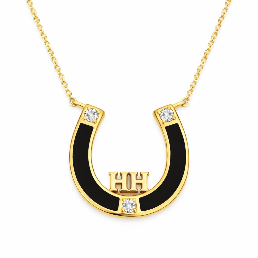 Winner's Mark : Custom Initial Black Agate & Diamond Horseshoe Necklace