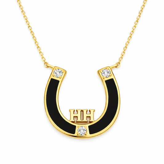 Winner's Mark : Custom Initial Black Agate & Diamond Horseshoe Necklace
