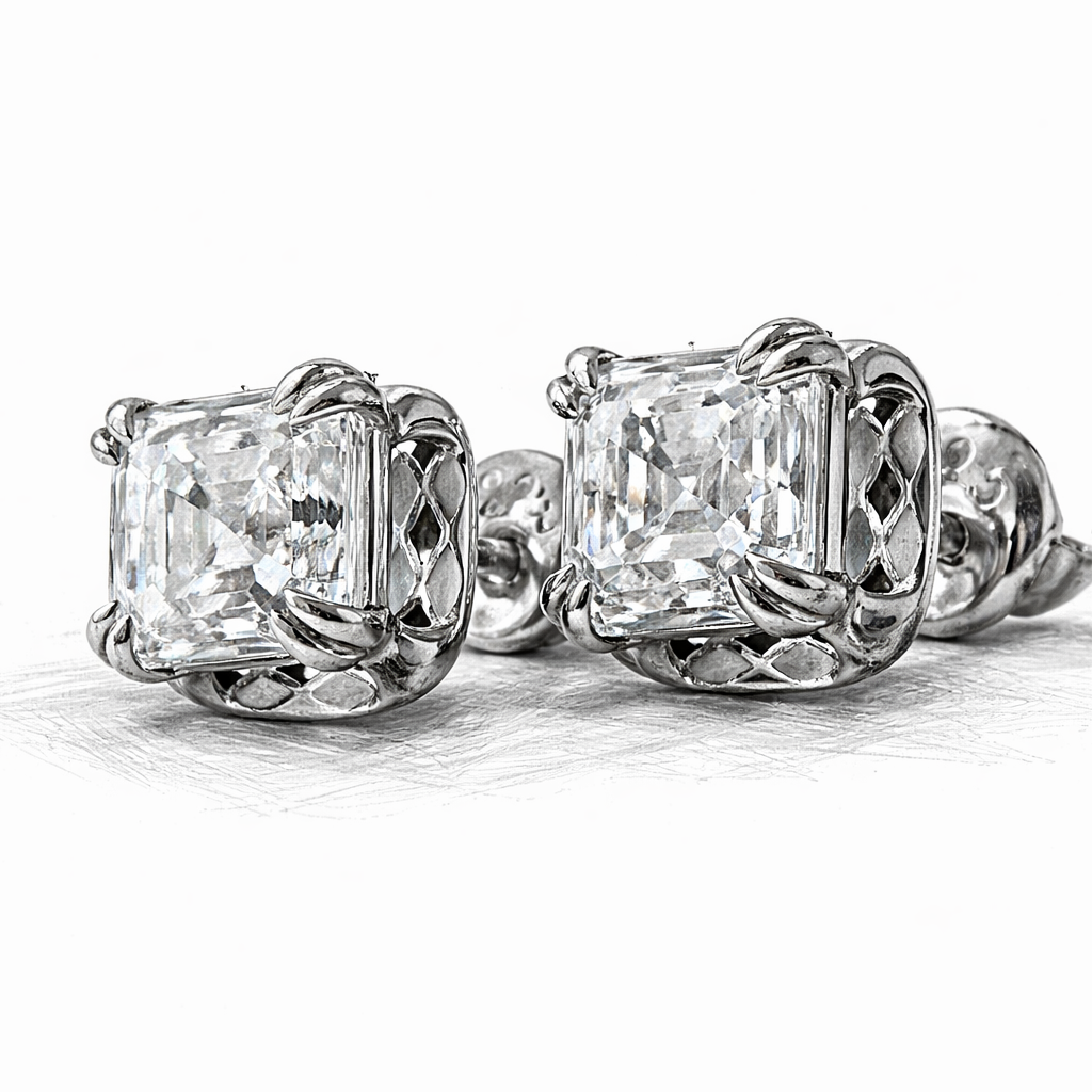 Asscher Cut Checkerboard Diamond Stud Earrings