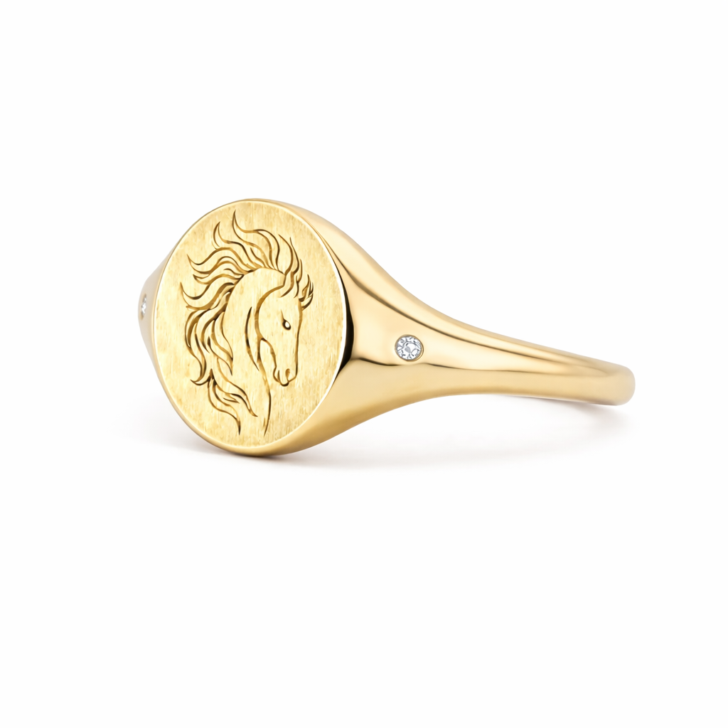Fire Horse :  Engraved Gold Signet Ring with Diamond Accents