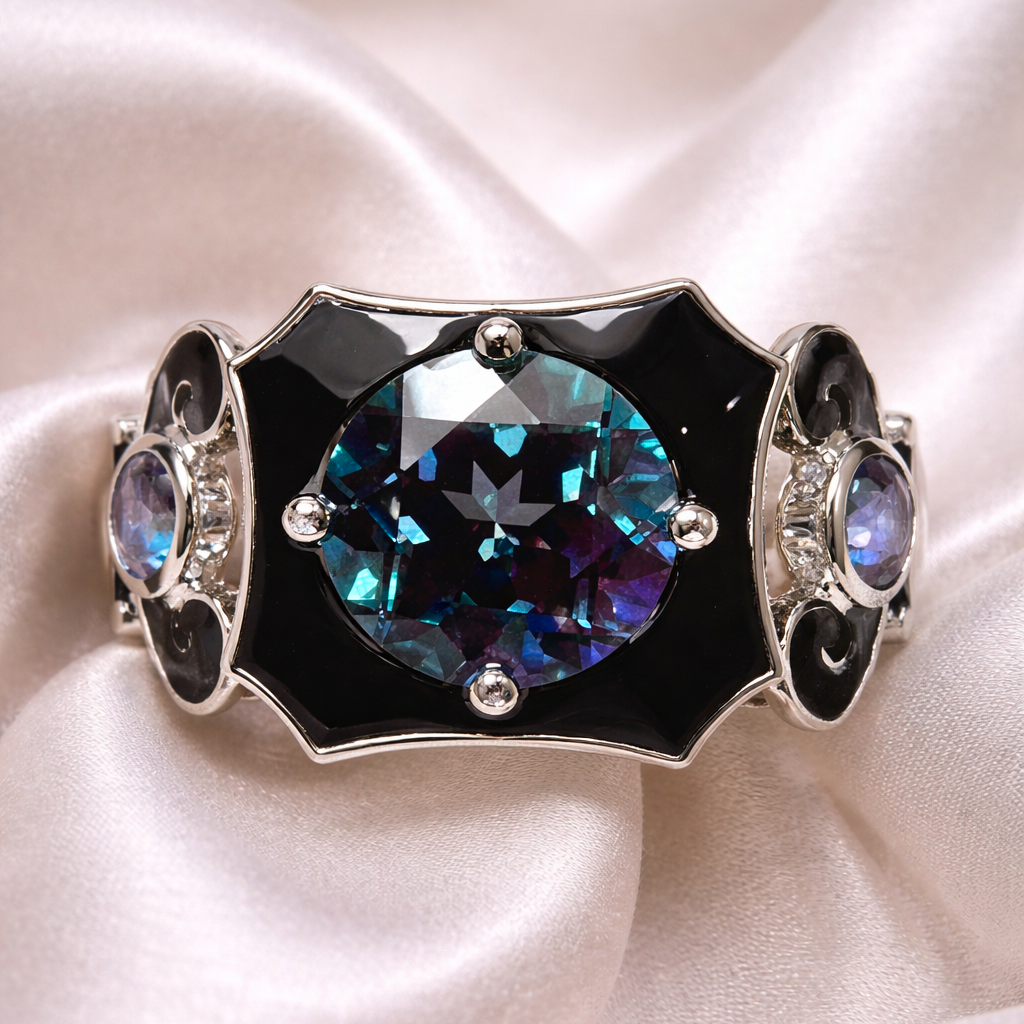 London Nocturne : Color Change Alexandrite and Black Agate Ring