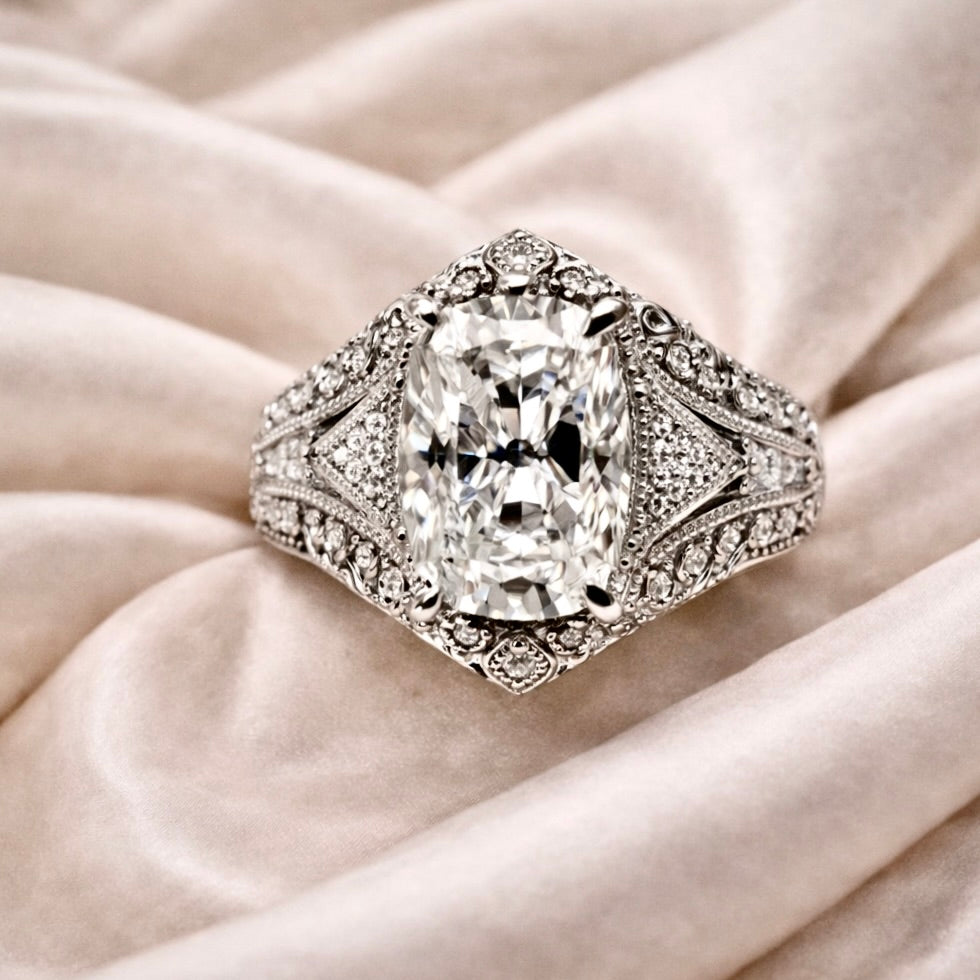 The Veiled Radiance : 3 Carat Elongated Cushion Cut Lab Grown Diamond Engagement Ring