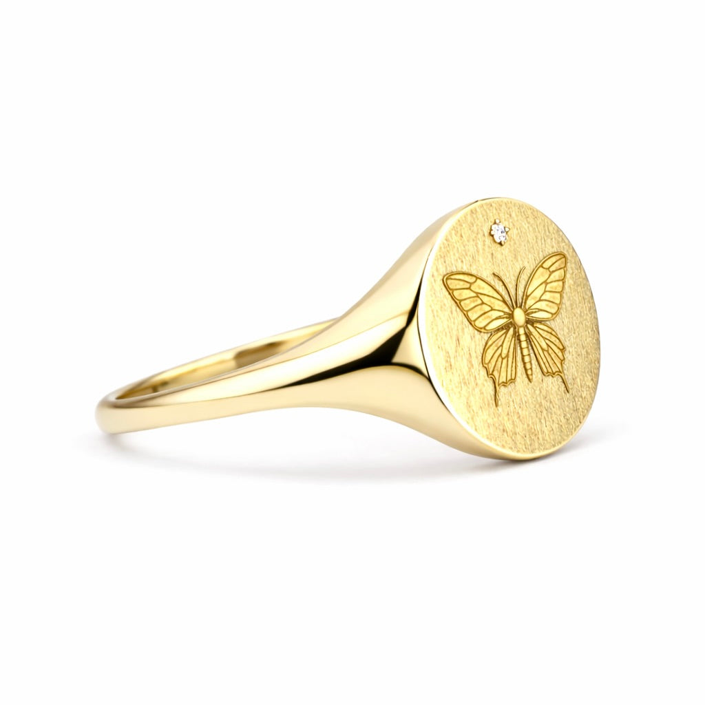 Butterfly Signet Ring : Engraved Gold Talisman Ring