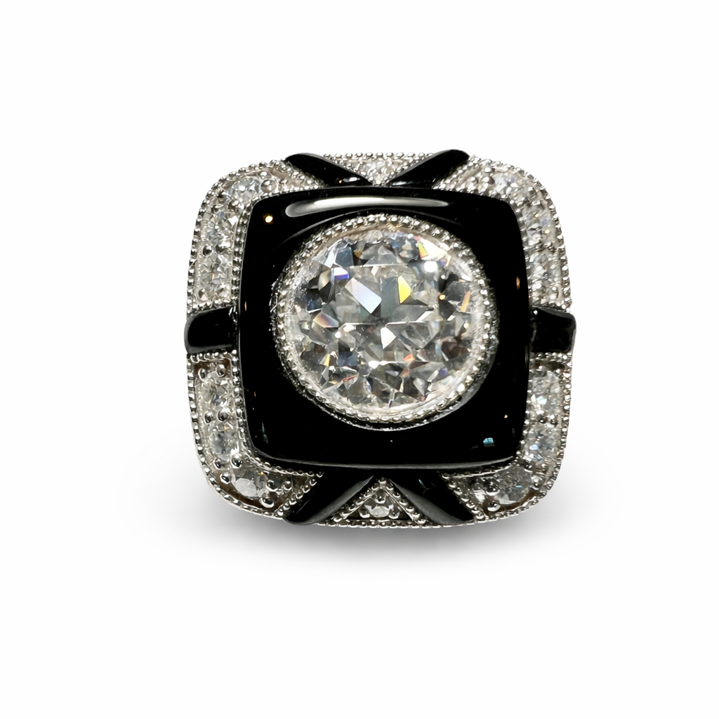 The Noir Halo : 3 Carat Round Lab Grown Diamond Black Agate Halo Ring