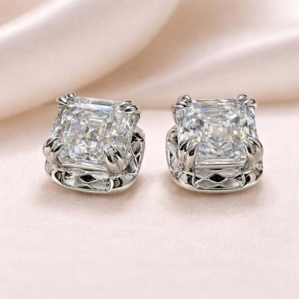 Asscher Cut Checkerboard Diamond Stud Earrings