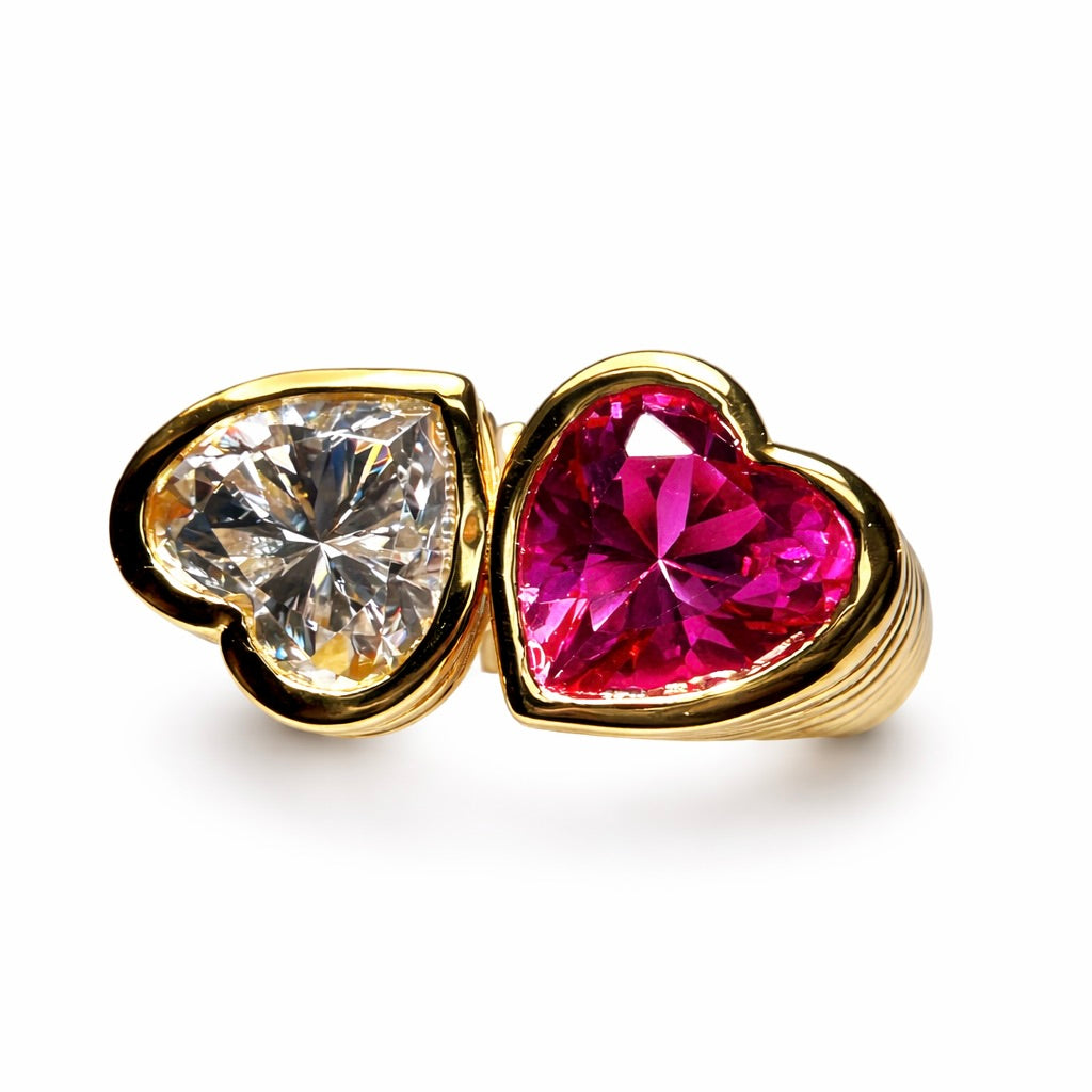 Two Hearts : Lab Grown Diamond and Pink Sapphire Toi et Moi Heart Ring in Gold