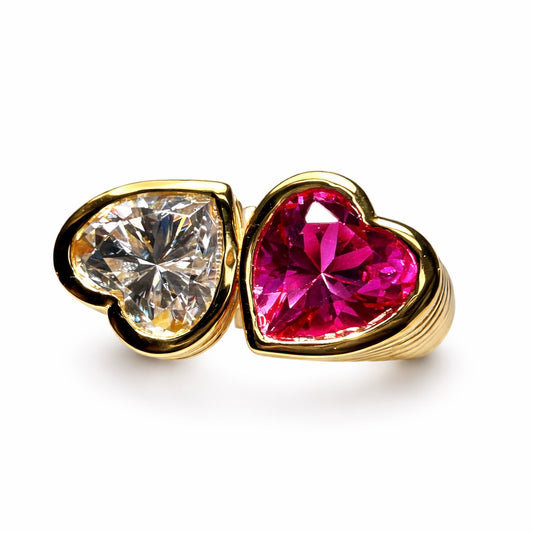 Two Hearts : Lab Grown Diamond and Pink Sapphire Toi et Moi Heart Ring in Gold