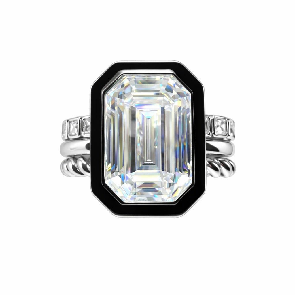Noire' Deco Ring : 3 Carat Emerald Cut Lab Grown Diamond Black Agate Bridal Set