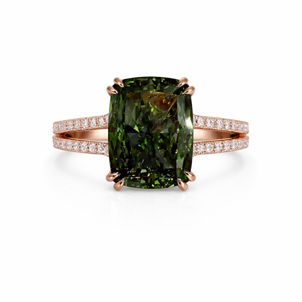 The Evergreen Regent : 4 Carat Radiant Fancy Vivid Green Lab Grown Diamond Engagement Ring (No.IX)
