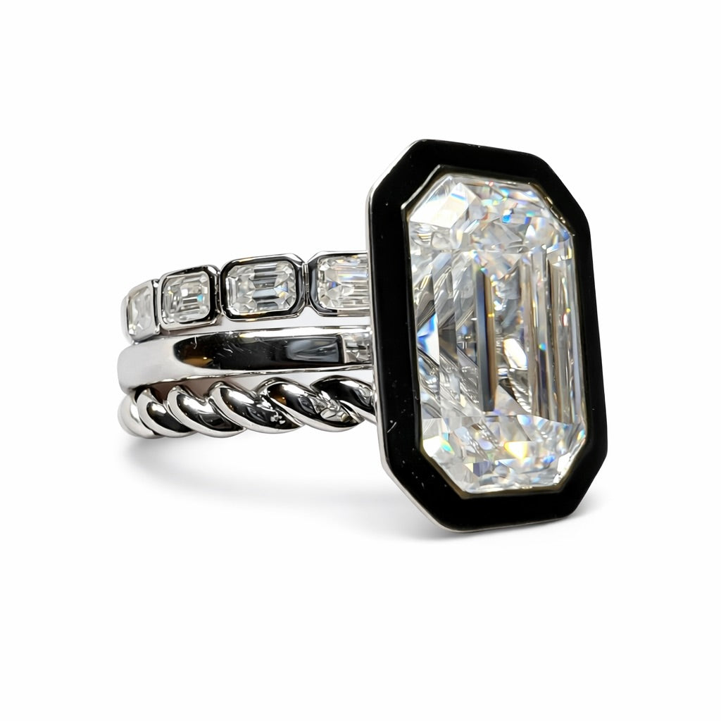 Noire' Deco Ring : 3 Carat Emerald Cut Lab Grown Diamond Black Agate Bridal Set