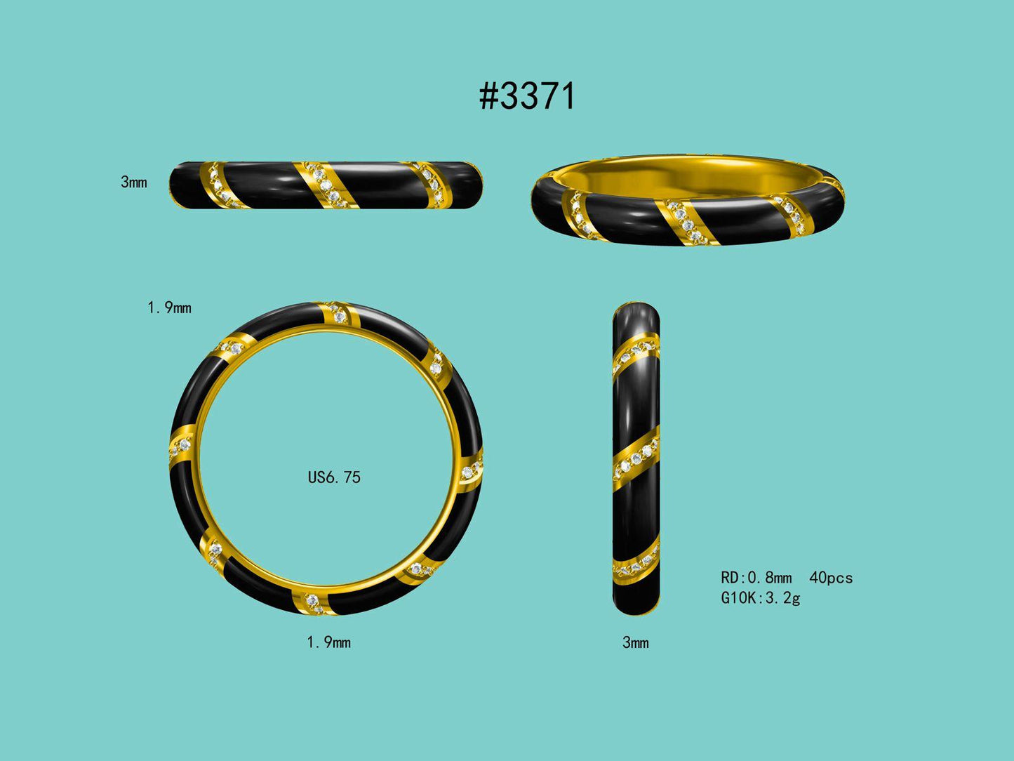 Midnight Riviera Band : 3mm Black Agate & Grey Diamond Solid Gold Ring