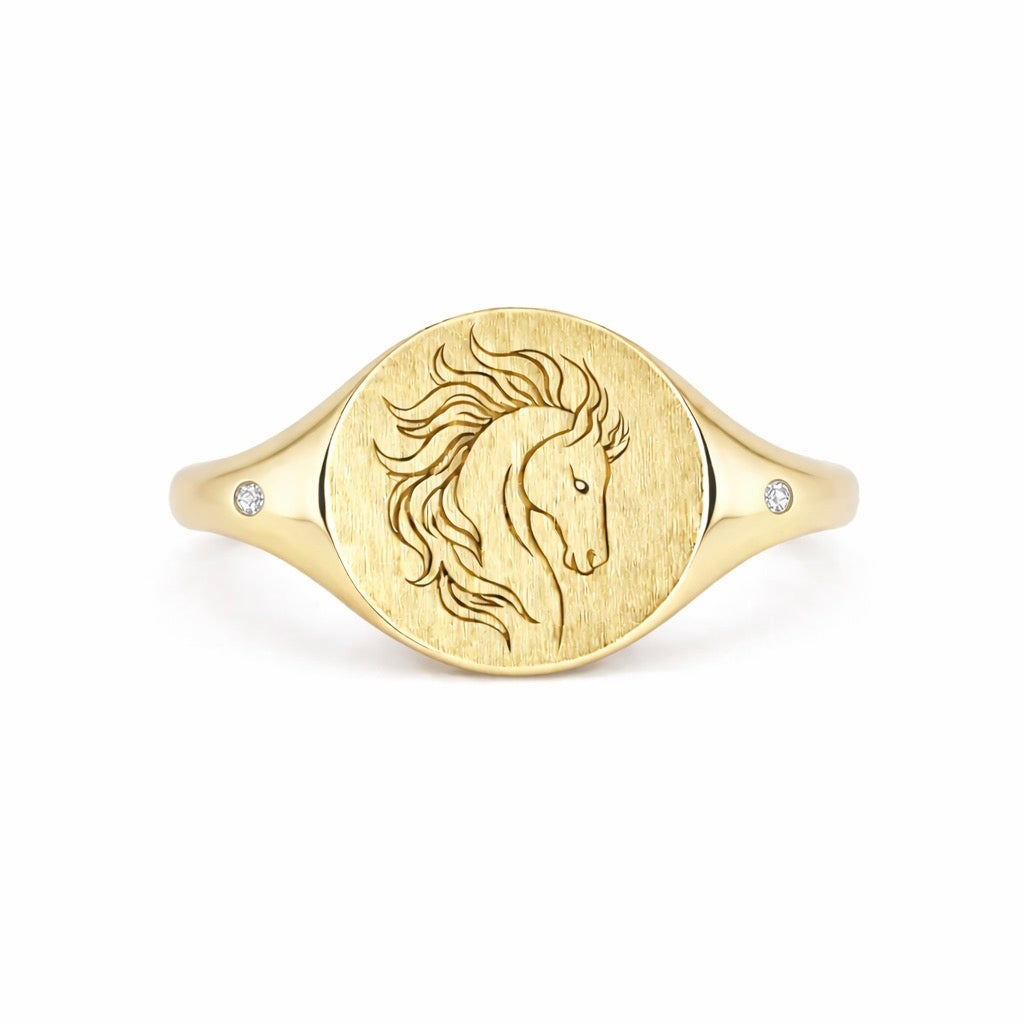 Fire Horse :  Engraved Gold Signet Ring with Diamond Accents