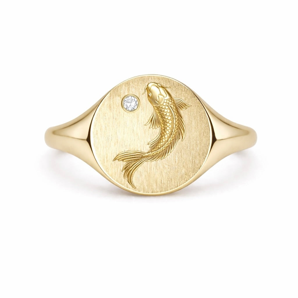 Ascending Koi :  Engraved Gold Talisman Ring