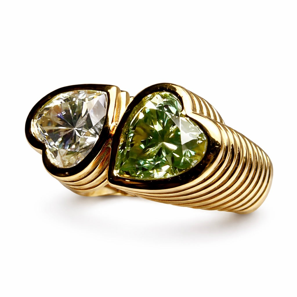 Two Hearts : Lab Grown Diamond and Emerald Toi et Moi Heart Ring in Gold