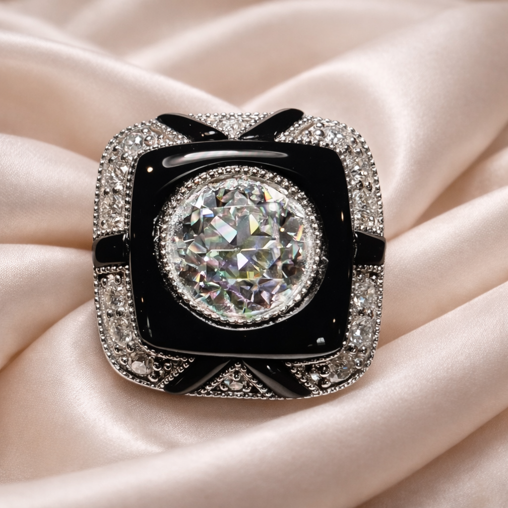 The Noir Halo : 3 Carat Round Lab Grown Diamond Black Agate Halo Ring