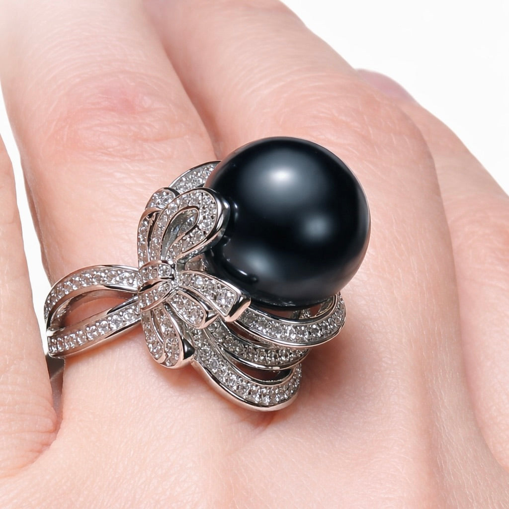 Velours Noir: 15mm Tahitian Black Pearl Bow Ring in Black Gold