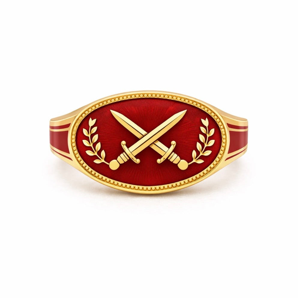 Courage : Crossed Swords Cartouche Enamel Gold Signet Ring